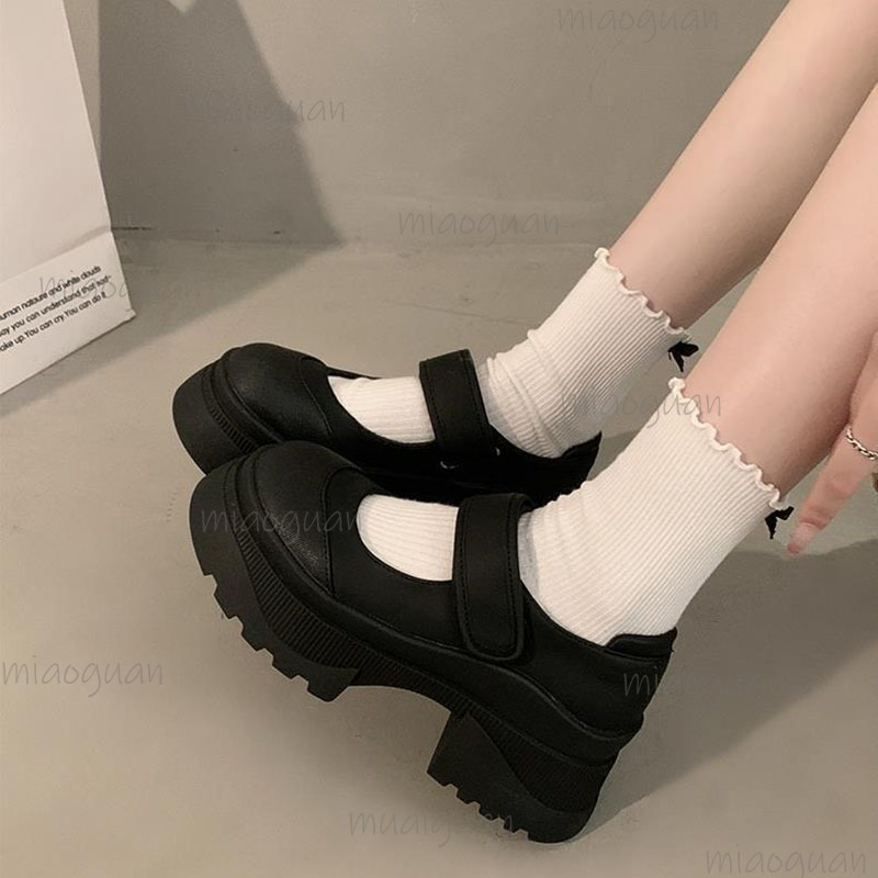Women'S Shoes Loafers Black - 黒のレトロな厚底レザーローファーシューズ レディース 春秋新作 厚底ヒールパンプス メリージェーン シングルシューズ