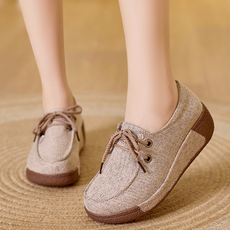 Women'S Shoes For Fall - 女性のラウンドトゥプラットフォームモカシンレザーレースアップ通気性ソフトソール快適なママシューズ春秋プラスサイズ