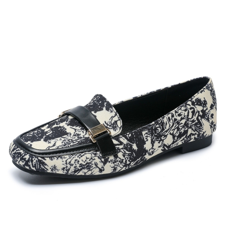 Women'S Shoes Large - 秋のフラットシューズ女性の靴ベルトバックルローファー布プリント女性のローヒールスリップオン履物女性スクエアトゥ大きいサイズ