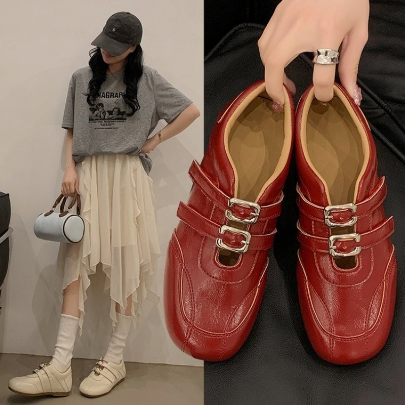 Pointed Toe Flat - ファッションレディース ラウンドトゥ ダブルメタルバックル フラットローファー ソフトフェイクレザー カジュアル
