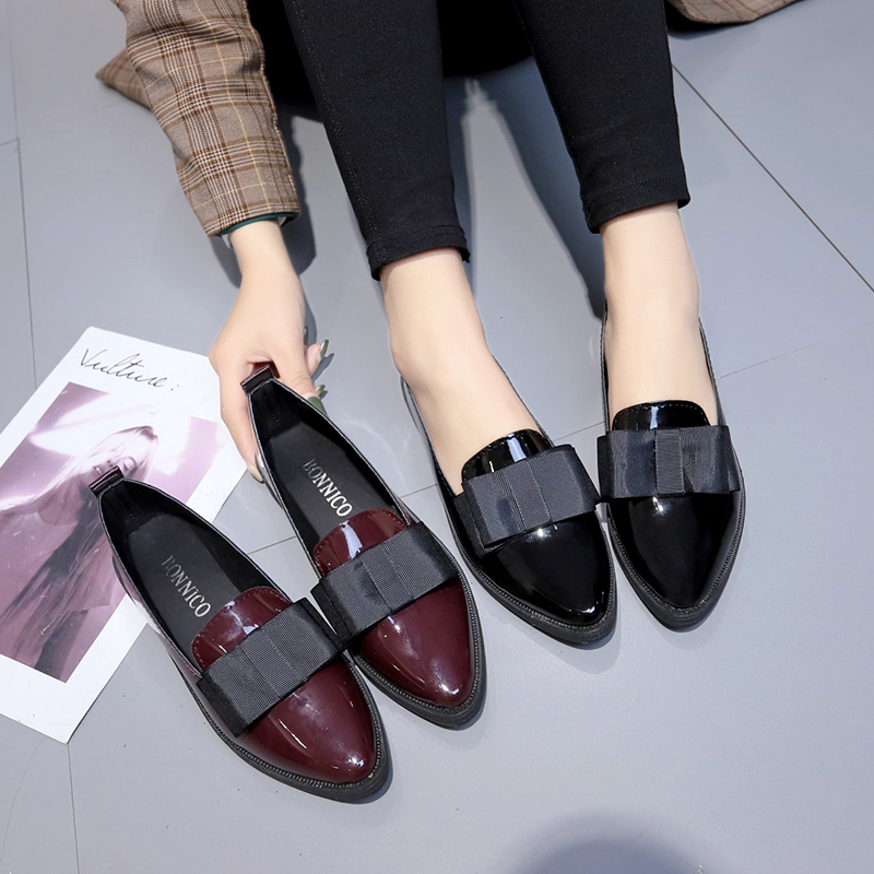 Women'S Shoes Loafers Black - ブラック/ワインレッドのパテントレザーのポインテッドトゥフラットシューズ、ボウノットスリッポンローファー、普段使いやビジネスシーンに最適な万能ドレスシューズ