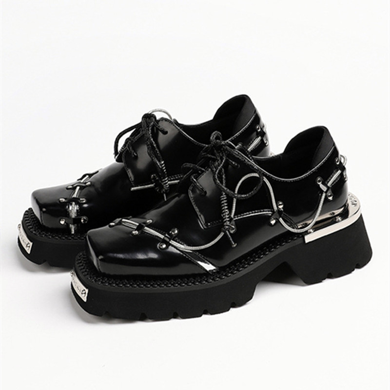 Women'S Shoes Loafers Black - 高級メタルチェーン装飾チャンキーヒールシューズ レディース ハイヒール パテントレザー ブラック レースアップ