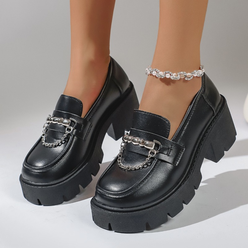 Women'S Shoes Loafers Black - 2026 ファッションメタルチェーンプラットフォームローファー女性厚底 Pu レザーシューズ女性スリップオン黒学生靴プラスサイズ 36-43