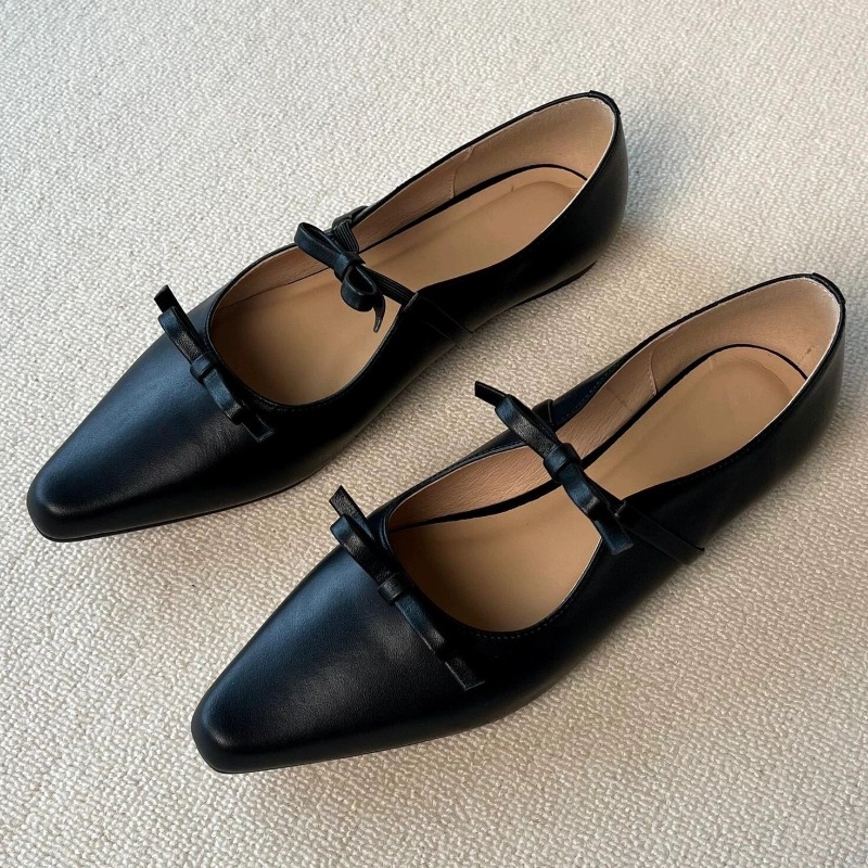 Women'S Shoes Loafers Black - 黒のリボン結び飾りフラットローファー女性ファッションポインテッドトゥ浅いデザイナーシューズ快適なソフトレザーオフィスシューズ