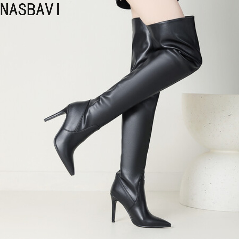 Zip Up Boots Short - NASBAVI 黒ポインテッドトゥ高級デザイナー女性靴ワイドふくらはぎ薄いハイヒールオーバーニープリーツ冬スティレットブーツ 34-42