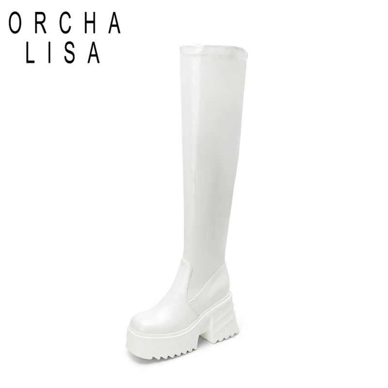 Zip Up Boots Short - オルカリサ 新型 パテントレザー レディース サイハイブーツ チャンキーヒール