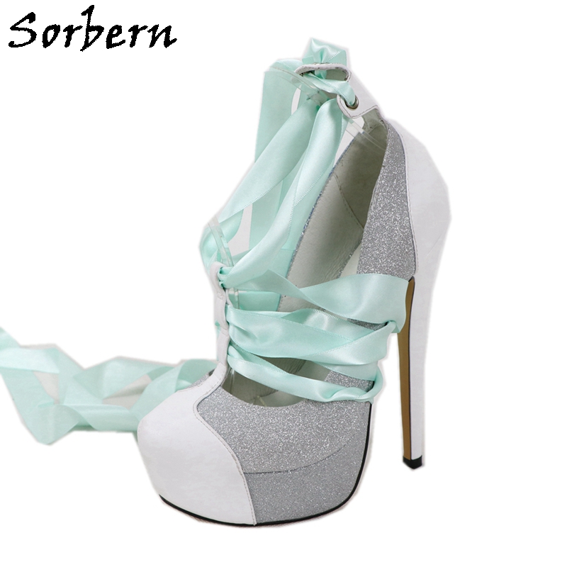 Ribbon Tie Heel - Sorbern ホワイトリアルレザー女性パンプスグリッターシルバー靴ハイヒールプラットフォームリボンストラップパーティーシューズカスタムカラー