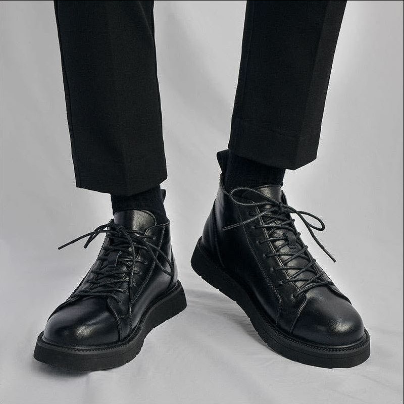 Women Shoes Hong Kong - 秋の牛革黒ハイカットハンサムブリティッシュバイク革靴香港風ワークウェアトレンディシューズ