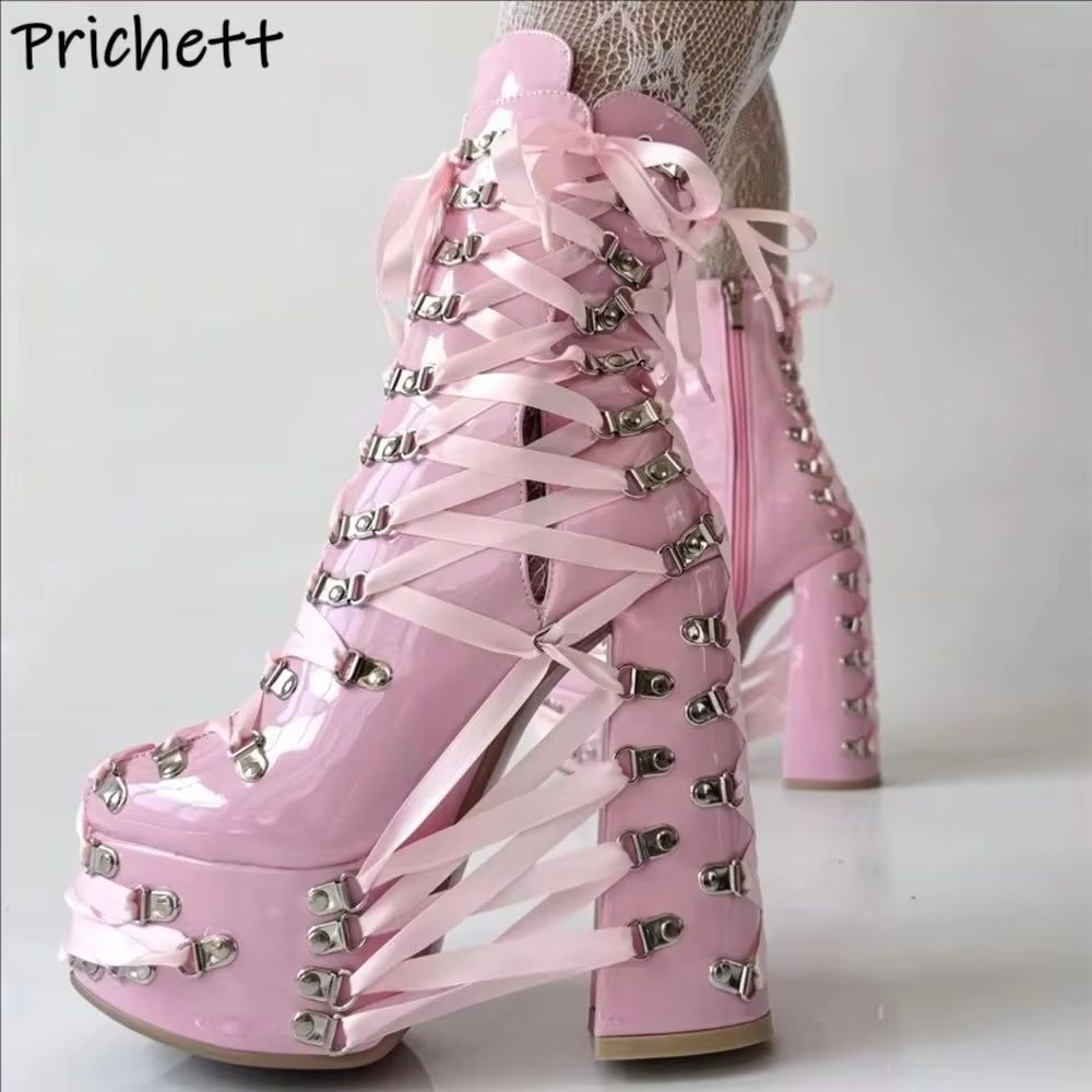 Ribbon Tie Heel - ブラックピンク クロスストラップ アンクルブーツ リボン メタルバックル ラウンドトゥ