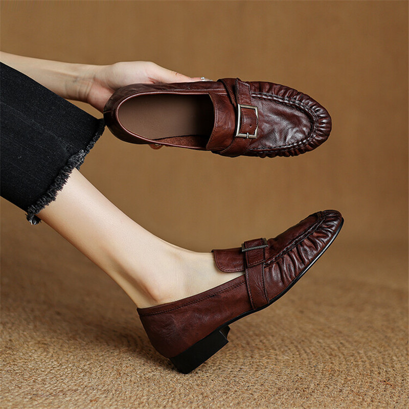 Women'S Shoes Large - 女性用本革モカシン,丸いつま先の靴,プリーツパンプス,厚手のヒール,ファッション,秋,新品