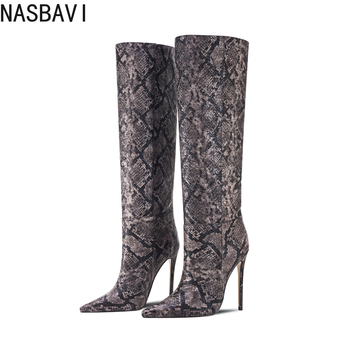 Zip Up Boots Short - 冬のモダンなニーハイブーツ女性スネークプリントスティレット薄いヒールジップポインテッドトゥセクシーな女性のパーティー作業靴