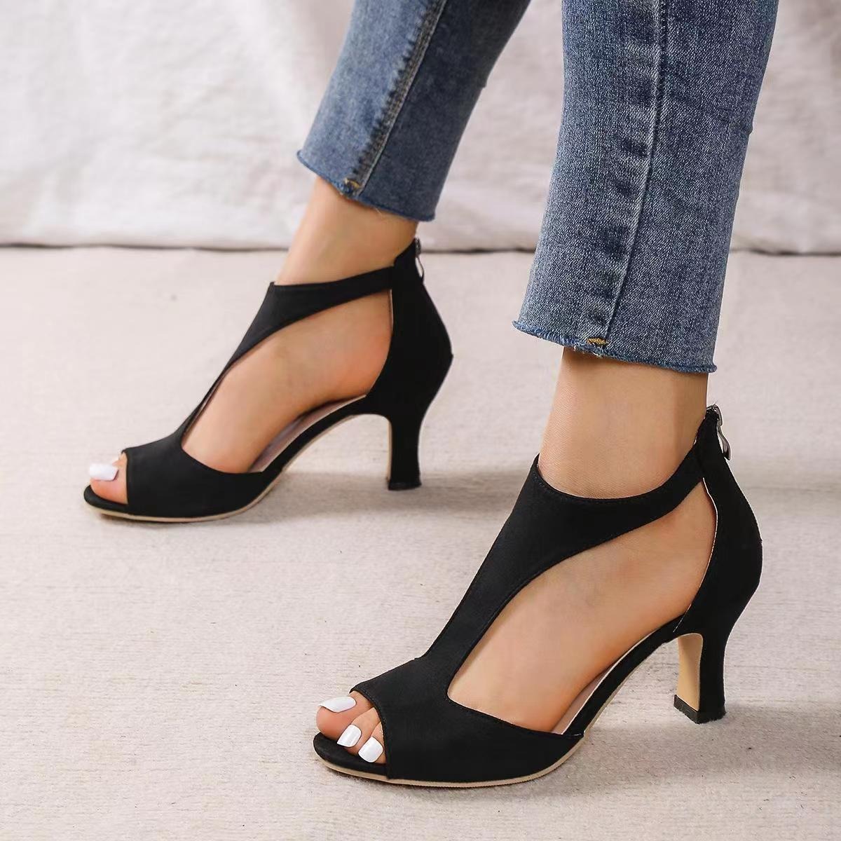 Women Shoes Zipper - 2026年夏新作 ブラッシュドレザー フィッシュマウスサンダル レディース バックジッパー セクシー