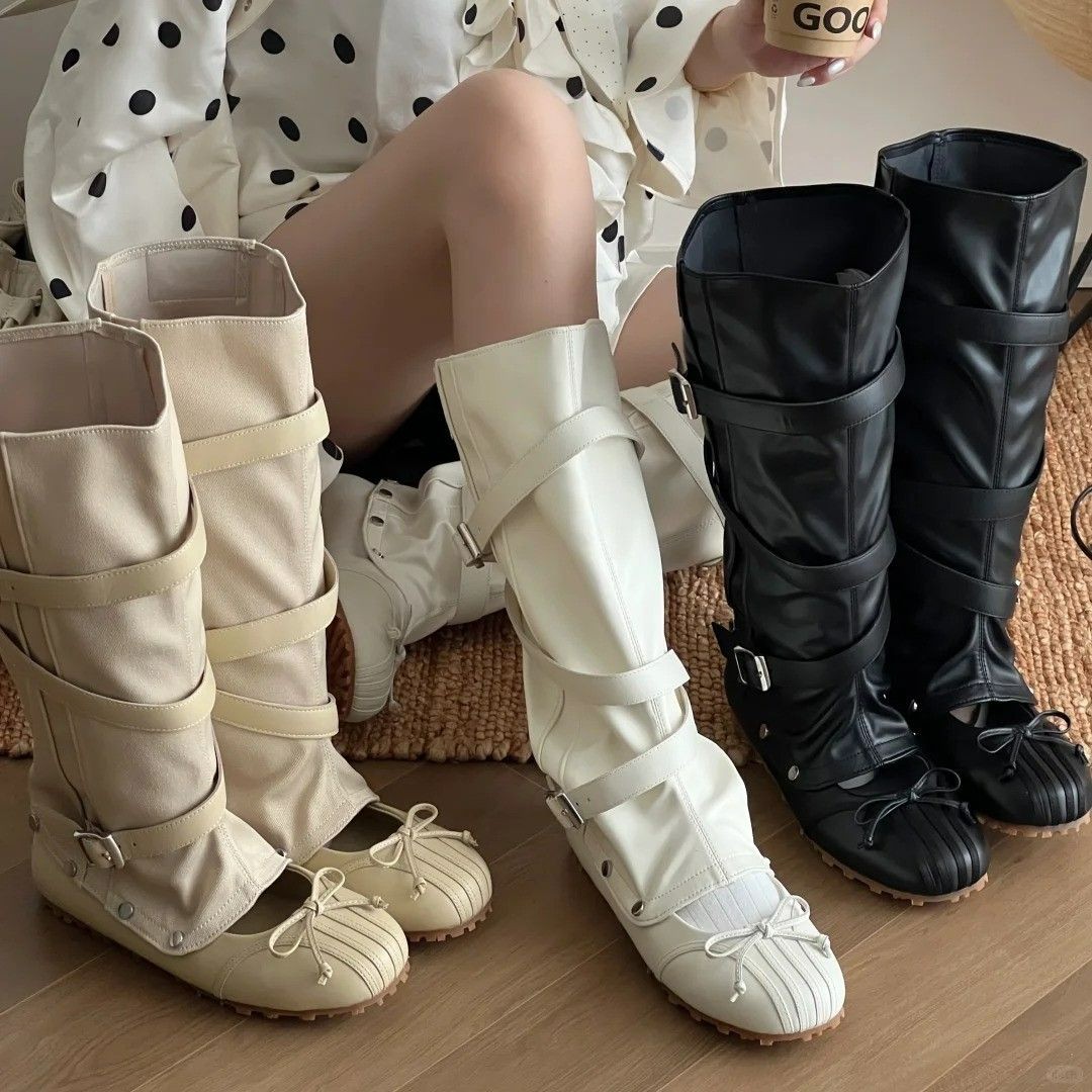 Pointed Toe Flat - 新しい取り外し可能なツーウェイバレエブーツ女性用フレンチスタイルボウフラットシューズレトロな太いふくらはぎ用ブーツで脚を細く見せます、夏用クールブーツ