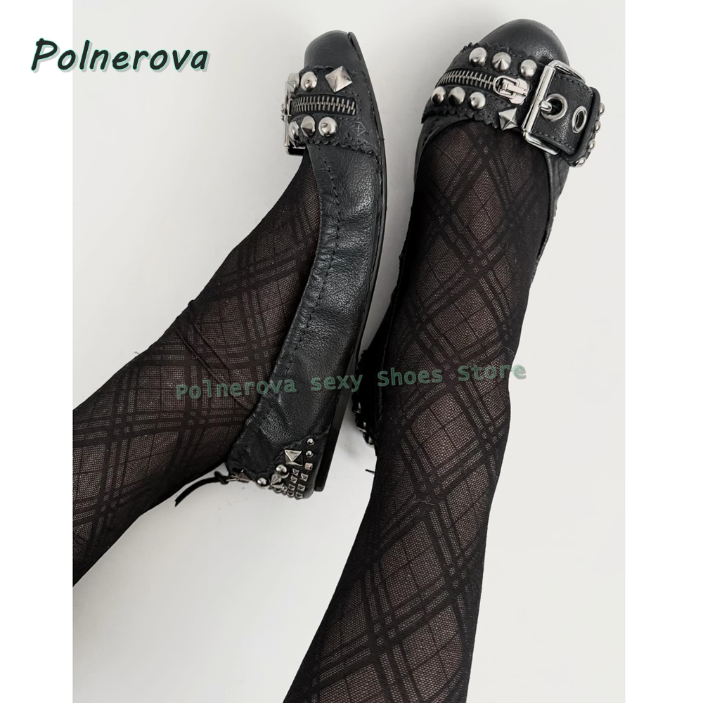 Pointed Toe Flat - リベットベルトバックル付きメリージェーンシューズ、ポインテッドトゥ、浅いジッパー装飾、レディースファッションパンプス、2026年春夏シューズ