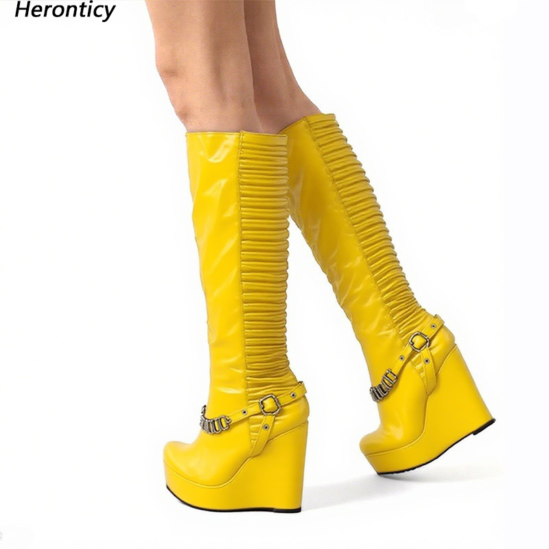 Zip Up Boots Short - Heronticy 手作り女性冬ニーブーツウェッジヒールラウンドトゥかわいいイエローパーティーシューズレディース米国プラスサイズ 35-52