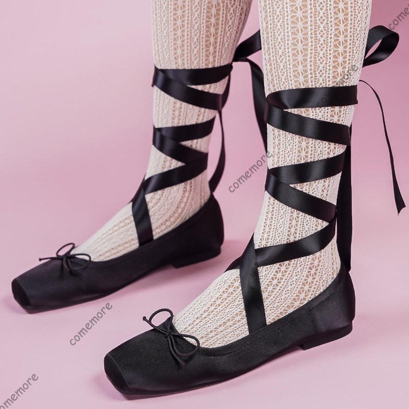 Ribbon Tie Heel - レディースサテンリボンタイバレエシューズスクエアトゥアンクルラップレースアップシューズロリータシューズレディースソフトソールボウファッションフットウェア