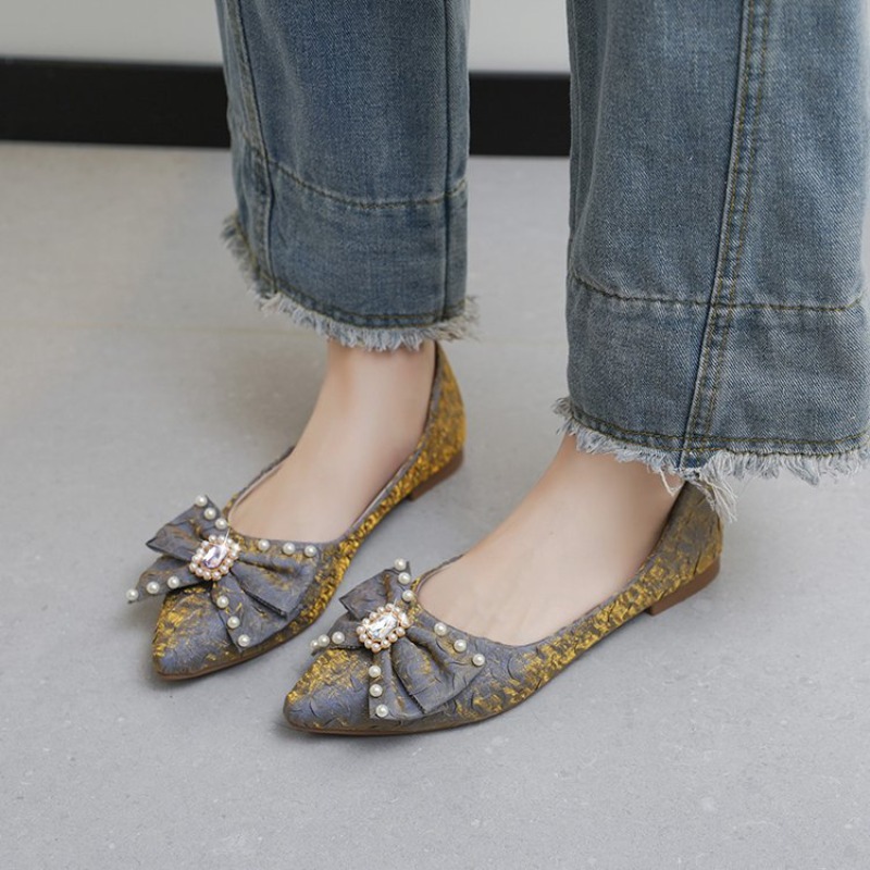 Pointed Toe Flat - フラットシャイニングシューズ レディース 2026 新作 リボン結び ラインストーン