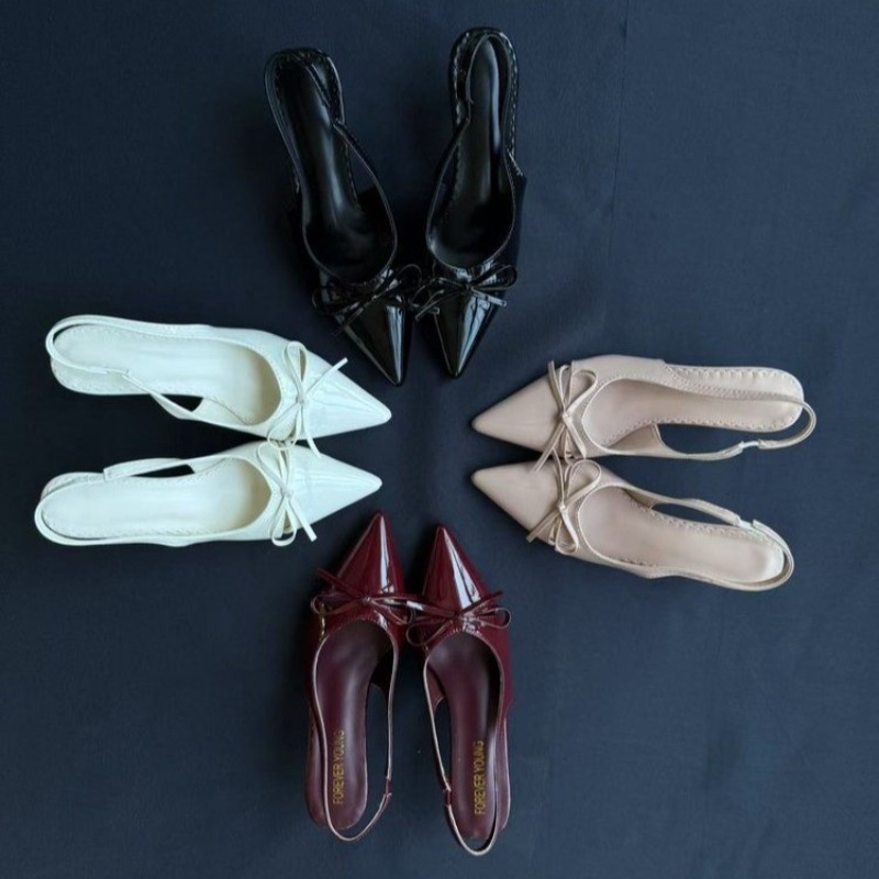 Pointed Toe Flat - 女性ポインテッドトゥサンダルスリングバックヒールボウディテールパテントレザーパーティーウェディングシューズ新しいエレガントなセクシーなハイヒールサパトス