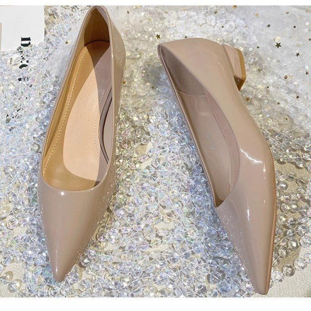Pointed Toe Flat - フランス風のパテントレザーのポインテッドトゥシングルシューズ、女性用3cmローヒール、新作おしゃれな厚底ヒールフラットシューズ
