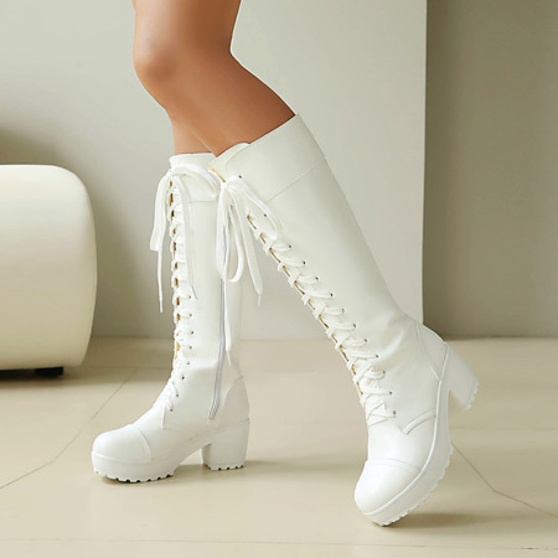 Women'S Shoes For Fall - レディース ニーハイ レースアップ コンバットブーツ チャンキー プラットフォーム