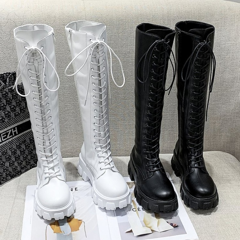 Women'S Shoes For Fall - 女性用ニーハイブーツ、レースアップコンバットブーツ、プラットフォームラグソール、ラウンドトゥ、サイドジッパー、トール丈、冬用ストリートウェアフットウェア、黒と白