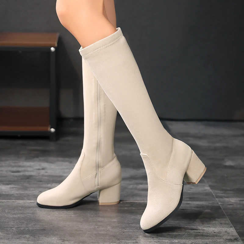 女性用スエードニーハイブーツ、スクエアヒール、ドレスパーティ - Zip Up Boots Short のレビューと価格