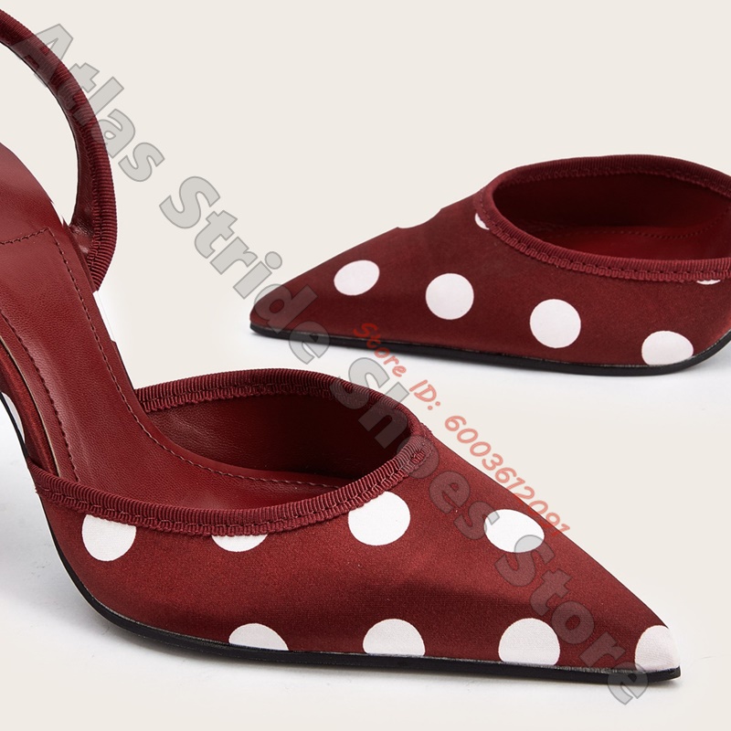 サテンホワイトポルカドット柄ポインテッドトゥスリングバックヒ - Ribbon Tie Heel のレビューと価格