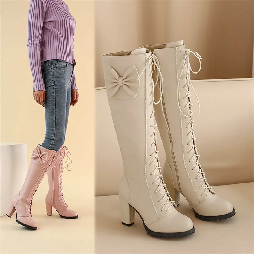 甘い蝶ネクタイロリータニーハイブーツハイチャンキーヒールブラ - Zip Up Boots Short のレビューと価格