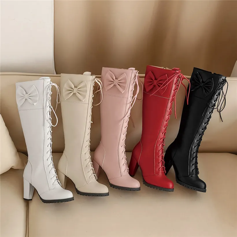 甘い蝶ネクタイロリータニーハイブーツハイチャンキーヒールブラ - Zip Up Boots Short のレビューと価格
