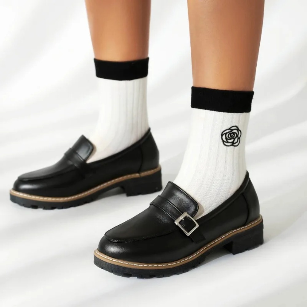 レディース ブラック レザー スクエアバックル プラットフォ - Women'S Shoes Loafers Black のレビューと価格