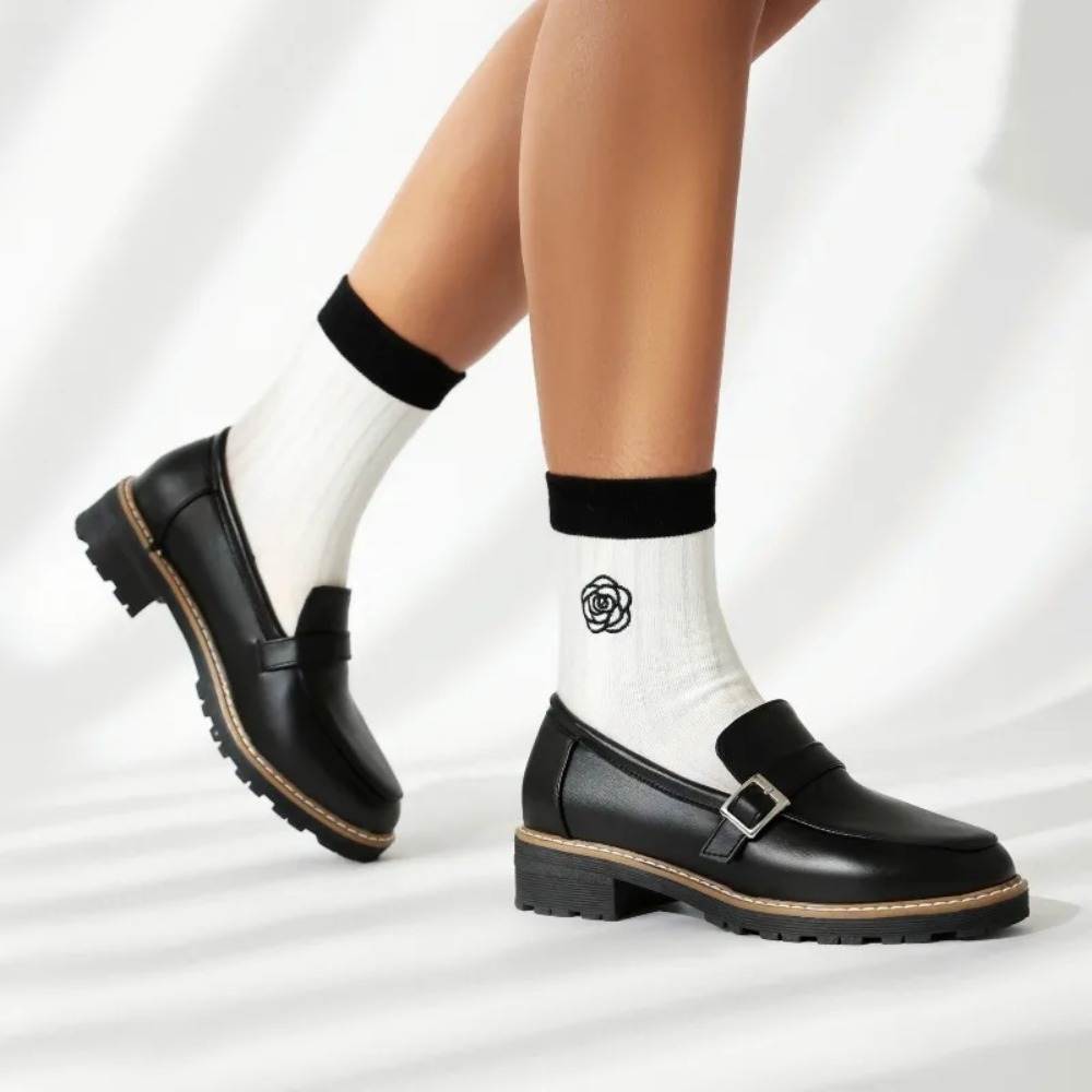 レディース ブラック レザー スクエアバックル プラットフォ - Women'S Shoes Loafers Black のレビューと価格