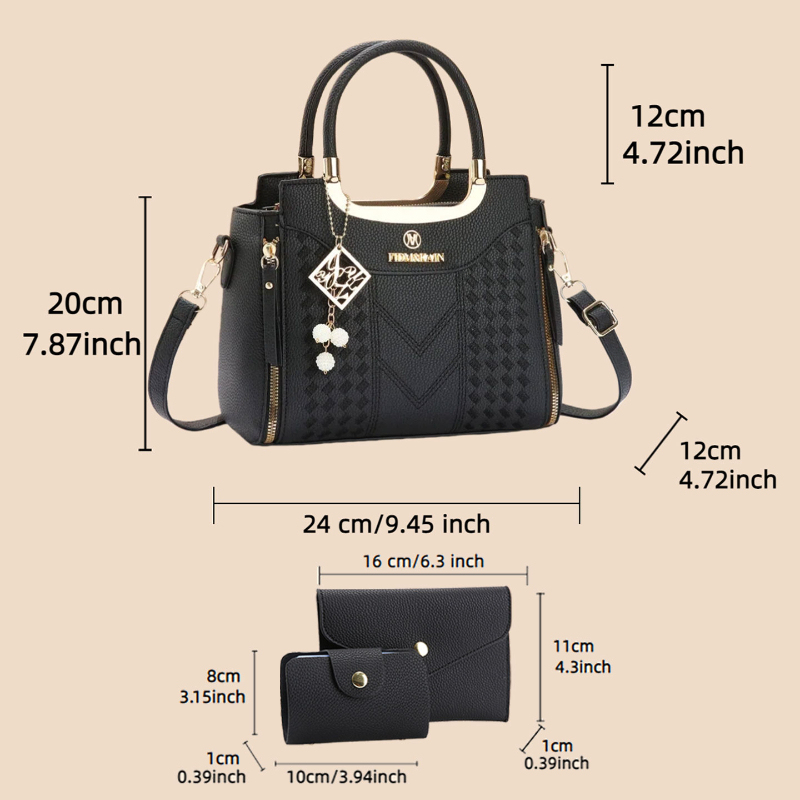 ライチ柄PUレザー製の3ピースハンドバッグセット。 この無地 - Women Shoes Zipper のレビューと価格