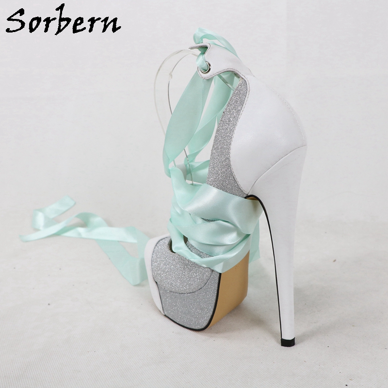 Sorbern ホワイトリアルレザー女性パンプスグリッターシ - Ribbon Tie Heel のレビューと価格