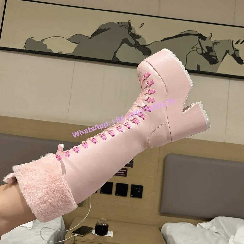ピンクの毛皮のブーツ厚底レザーリボンクロス結びプラットフォー - Ribbon Tie Heel のレビューと価格