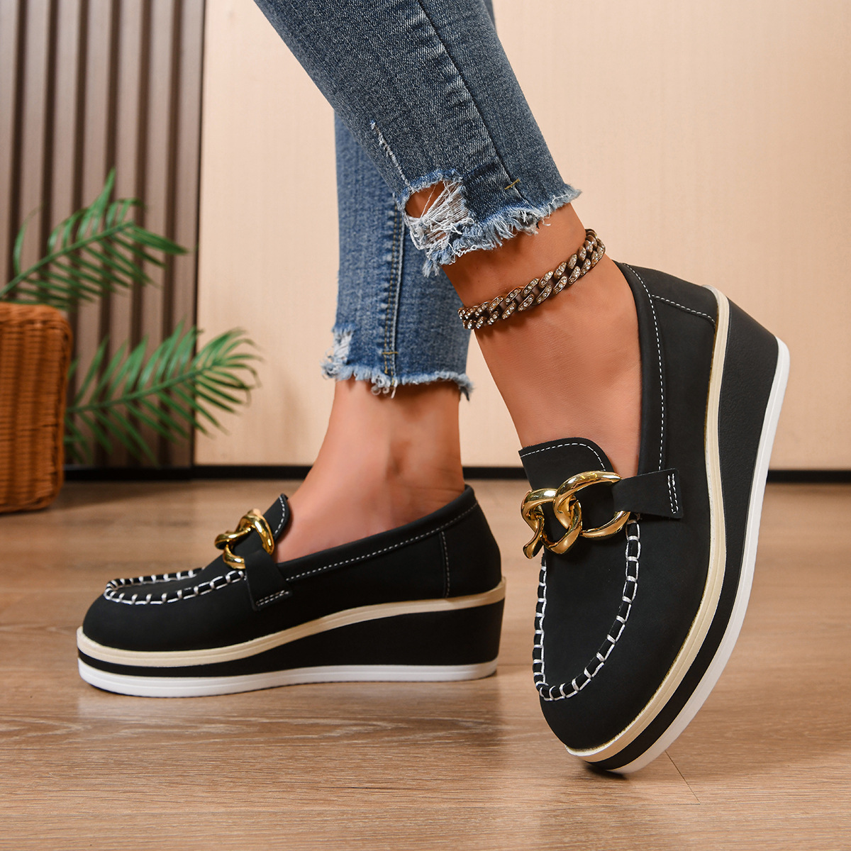 レディースプラットフォームローファー エレガントスエードレザ - Women'S Shoes Loafers Black のレビューと価格