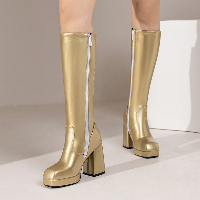 女性用パテントレザーニーハイブーツ,ヒールブロック,スクエア - Zip Up Boots Short のレビューと価格