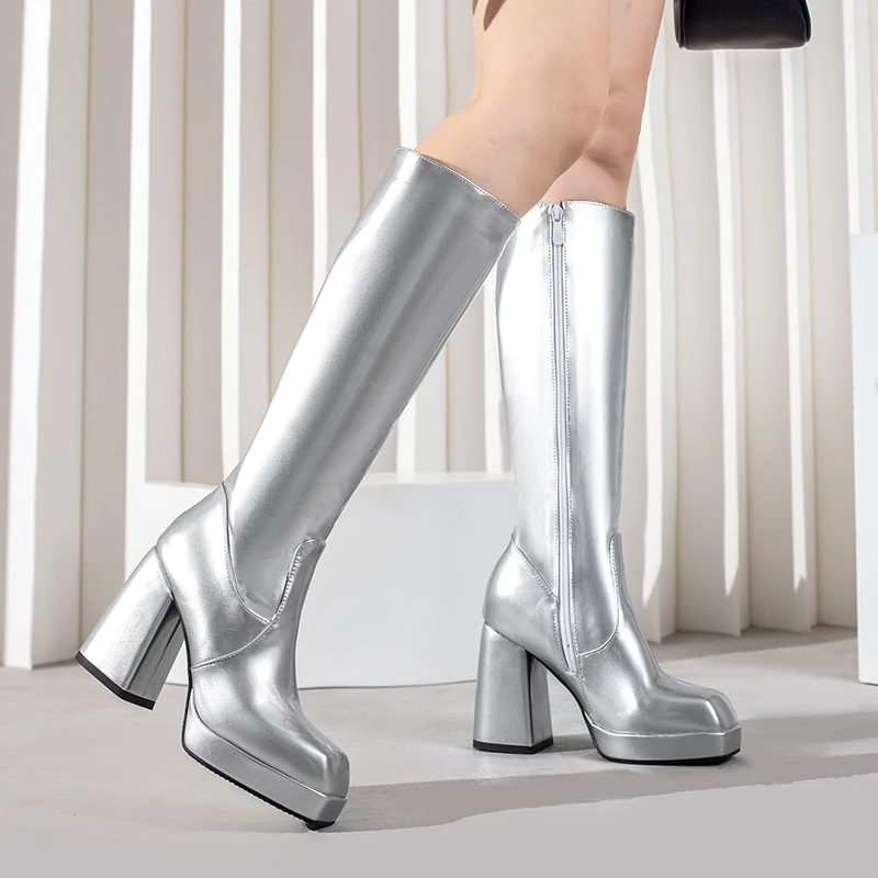 女性用パテントレザーニーハイブーツ,ヒールブロック,スクエア - Zip Up Boots Short のレビューと価格