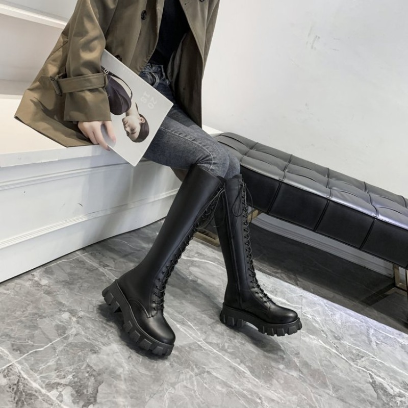女性用ニーハイブーツ、レースアップコンバットブーツ、プラット - Women'S Shoes For Fall のレビューと価格