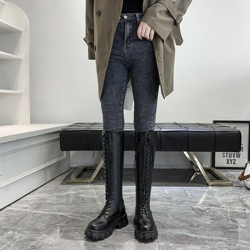 女性用ニーハイブーツ、レースアップコンバットブーツ、プラット - Women'S Shoes For Fall のレビューと価格